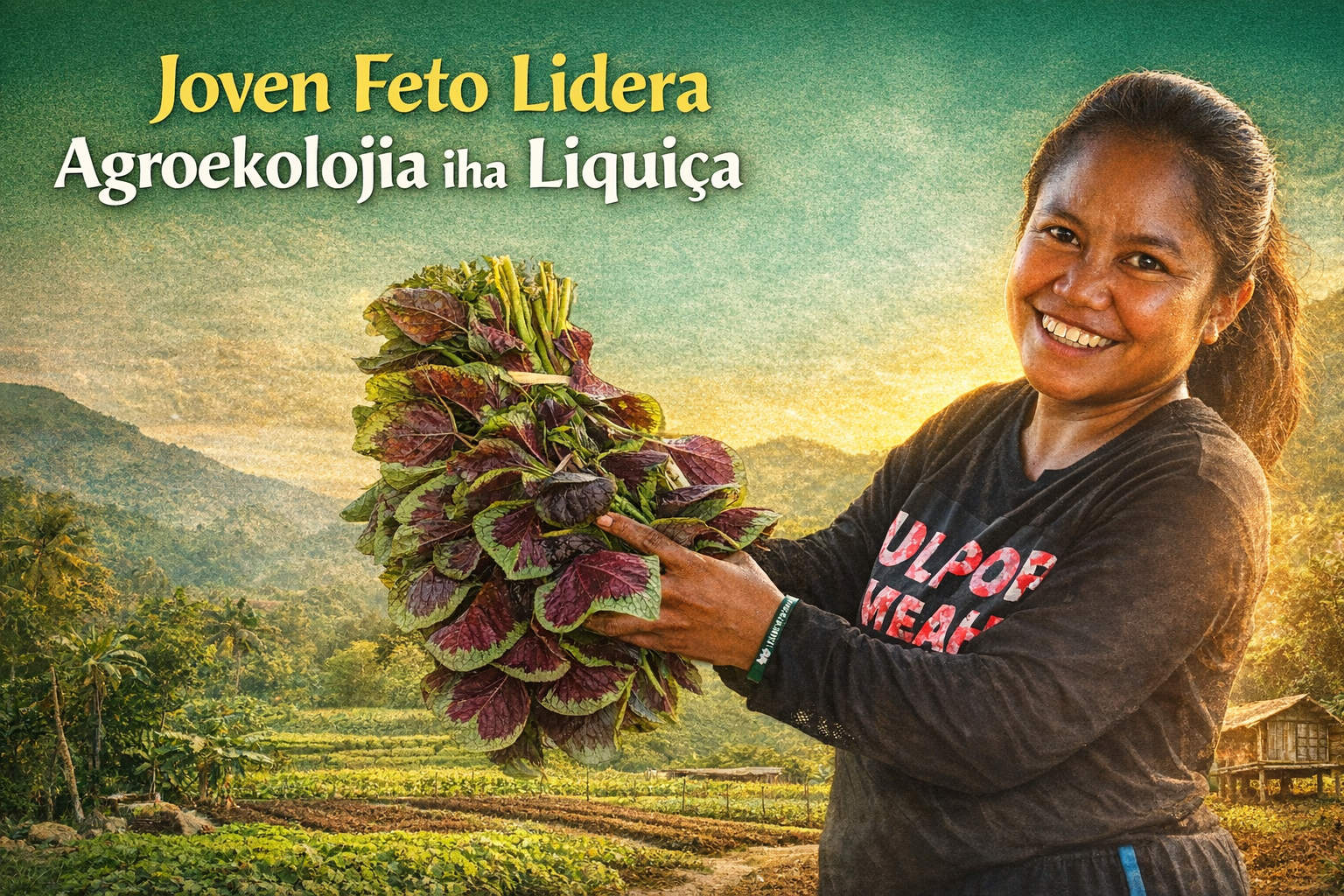 Amilia da Silva, joven feto agrikultór iha Liquiça, kaer ai-horis ortikultura ne’ebé nia produz iha to’os komunidade.